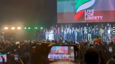 Artists Singing "Ey Iran" Alongside Prince Reza Pahlavi